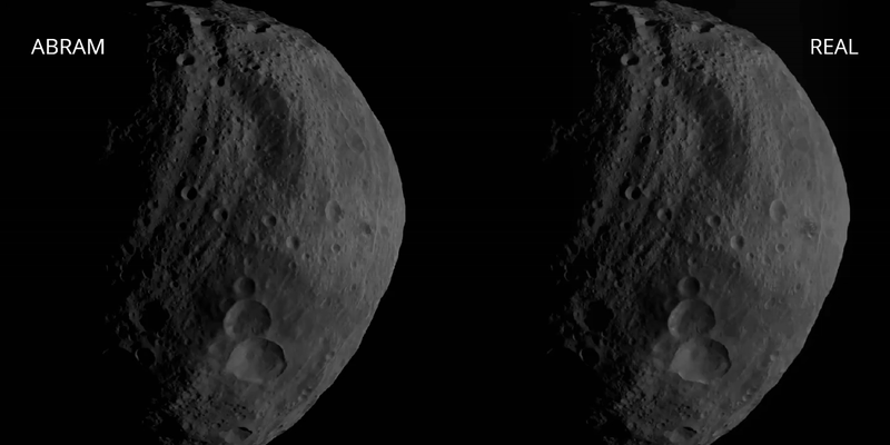 Comparison between an ABRAM Vesta rendering and real optical navigation imagery